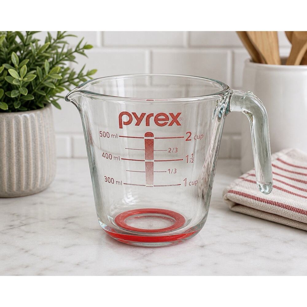 Pyrex 2 Cup Glass Measuring Cup Red Lettering Red Base Ring 500ml 2 Cup